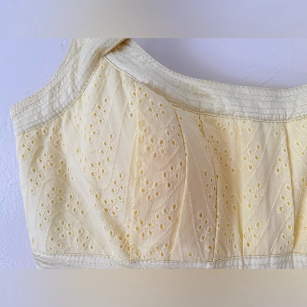 Butter Yellow Sundress Calvin Klein Womens 4 - Eyelet Pleated Cotton Cottagecore - Picture 6 of 16